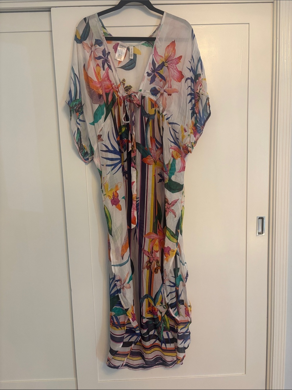 Trina Turk Floral Stripe Sheer Swim Coverup in White, Pink, Green, Blue, Yellow